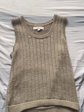 LOFT Taupe Open-Knit Crewneck Sweater Tank